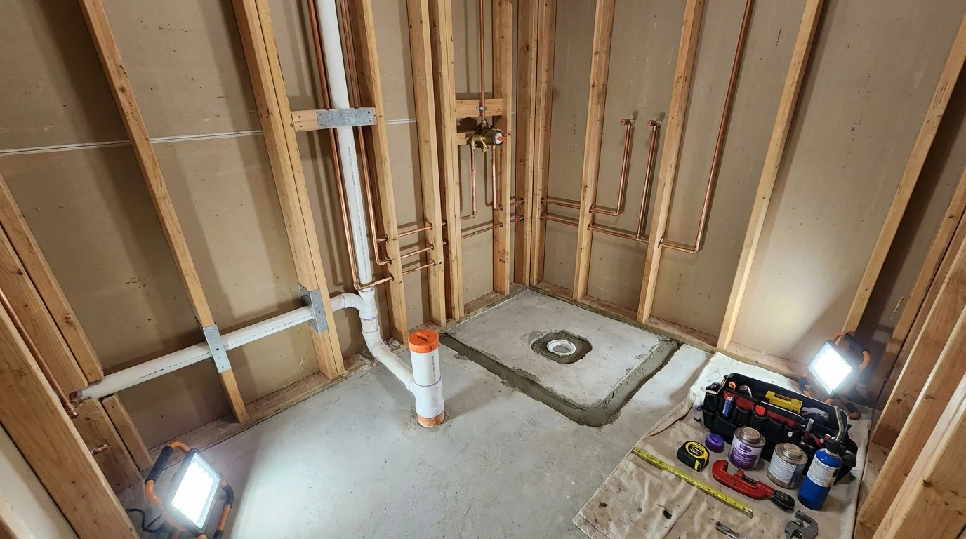 Bathroom rough-in plumbing during remodel by Johns Plumbing LLC in Tryon