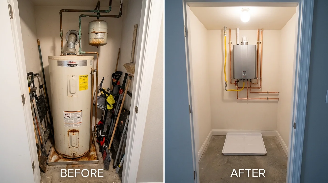 Tank water heater versus wall-mounted tankless unit comparison for Tryon, NE homeowners