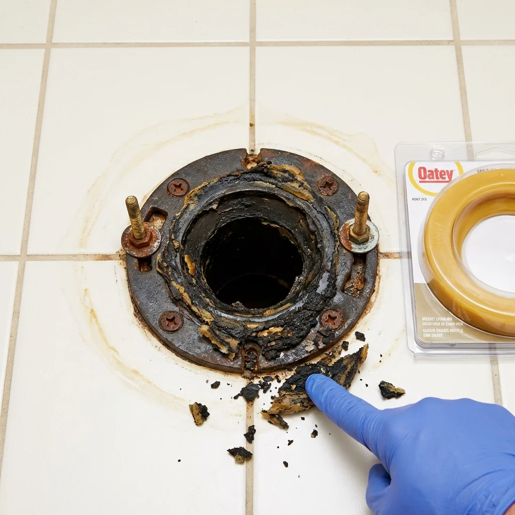 Failed wax ring showing water seepage at the base of a toilet in a Tryon, NE home